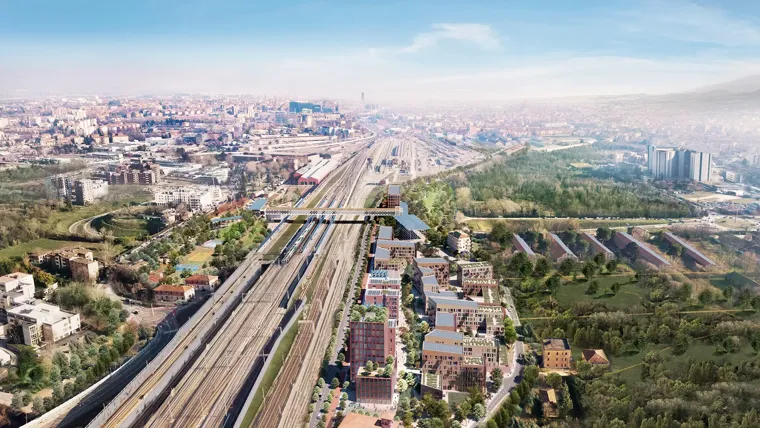 Render of affordable housing masterplan for Bologna railway site redevelopment