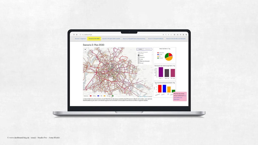 A laptop on which a dashboard with a map and diagrams can be seen.