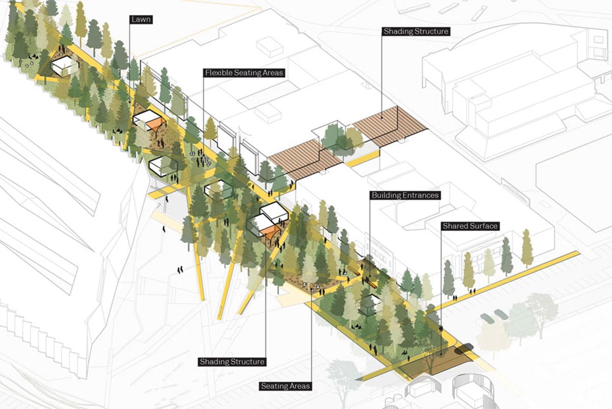 Light interventions arranged across the open space create activity and engage passers-by