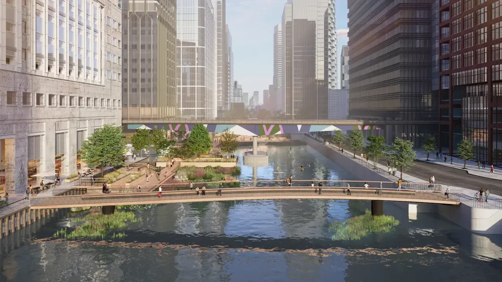 Visualisation of a bridge over the dock at Canary Wharf in London