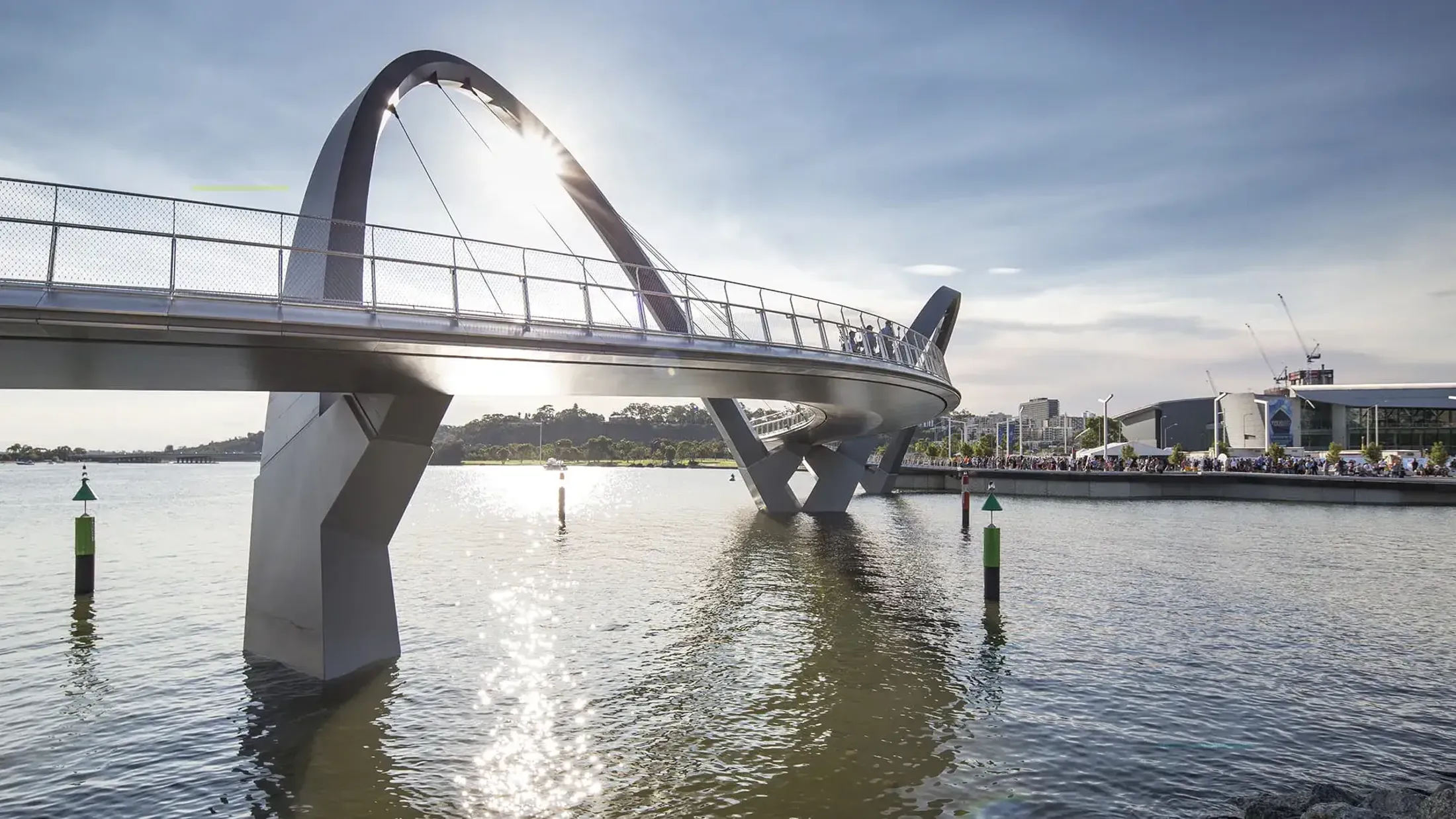 The sun shining through the Elizabeth Quay Bridge