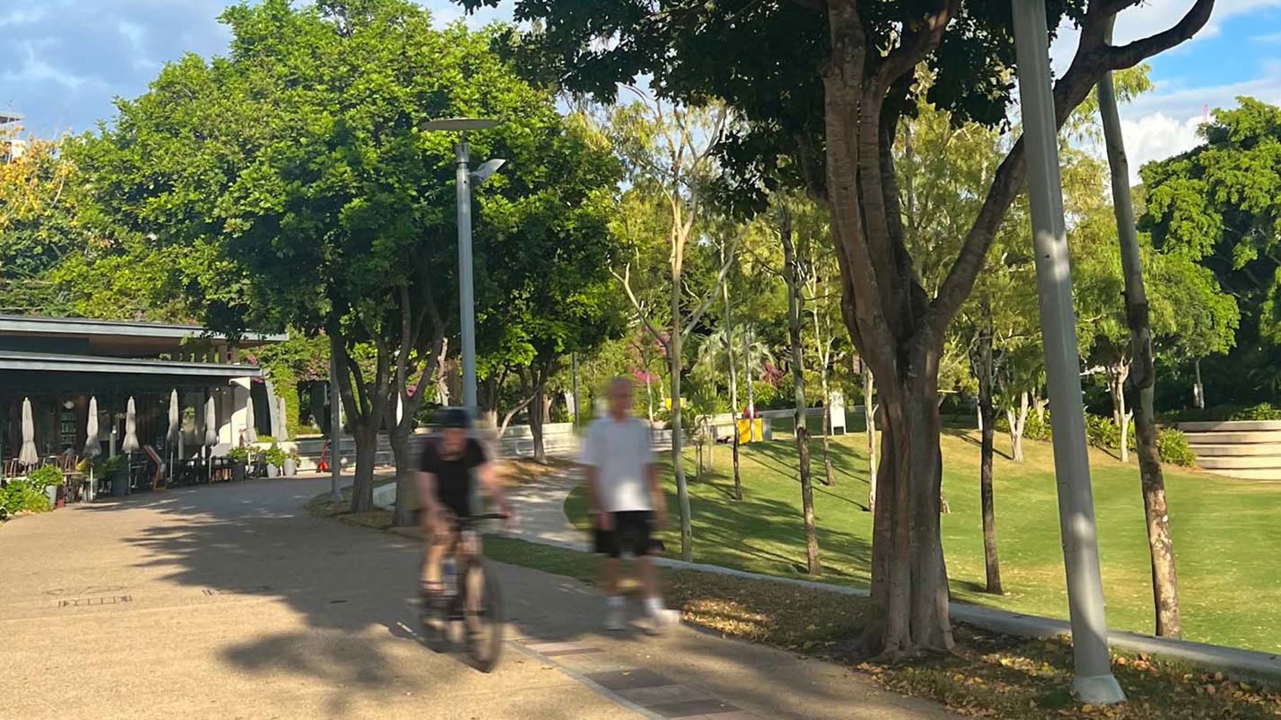 Large trees shade a foot path for walkers on a warm sunny day