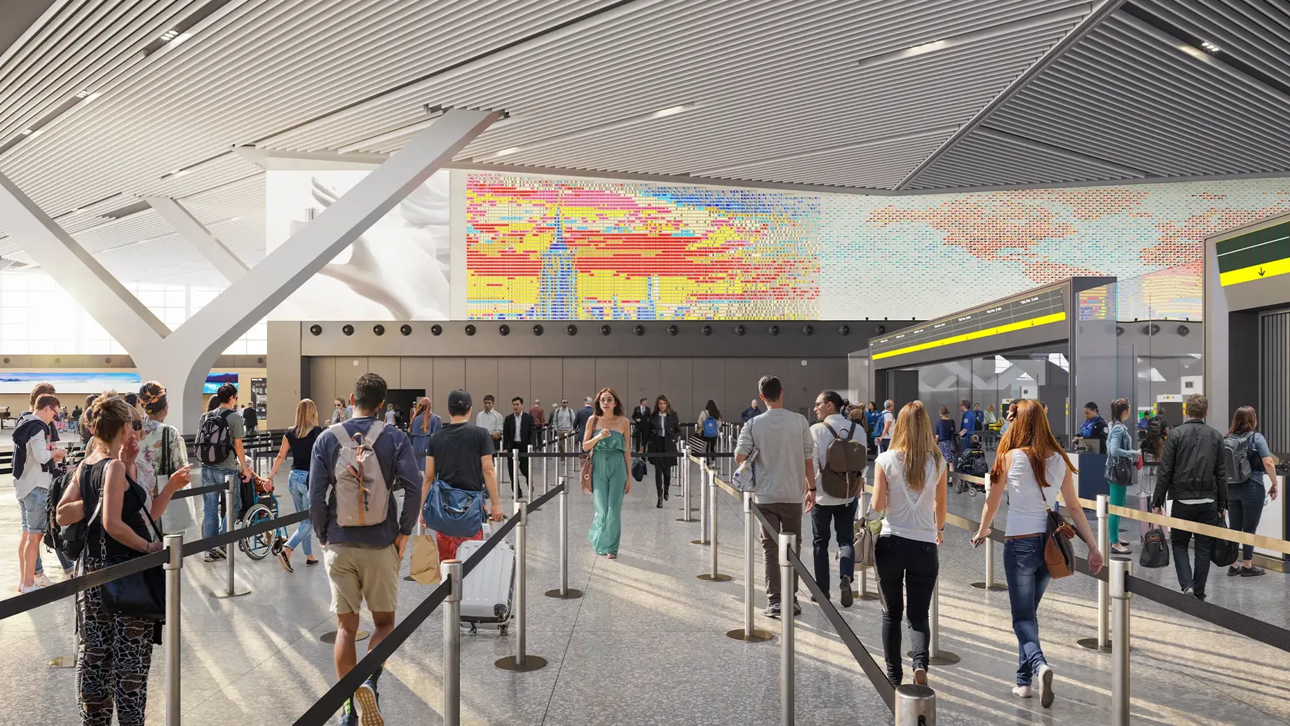 A group in line for airport security with digital display of New York City skyline above