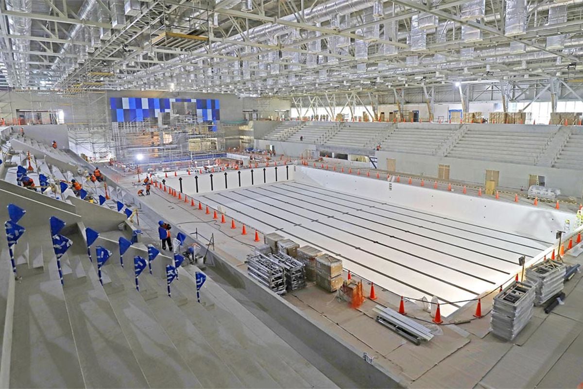 The aquatics centre under construction