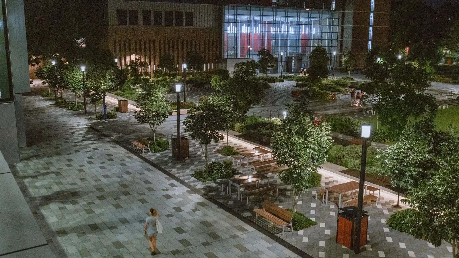 The university's courtyard at night