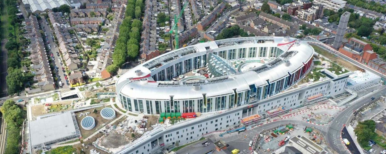 "Aerial view of the new children's hospital on the St. James's Hospital Campus with the surrounding suburbs