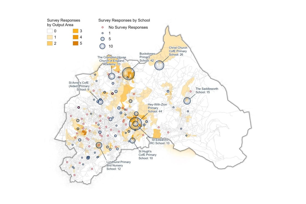 Map of the Survey123 responses across Oldham