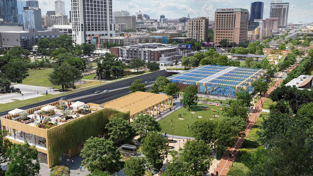 A rendering showing the Cesar Chavez to Fourth Street cap over I-35