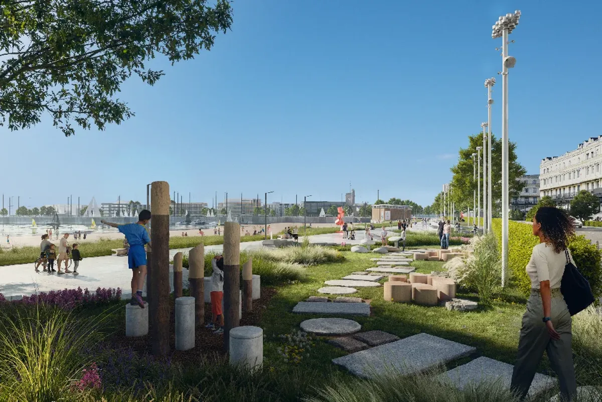 Visualisation of the waterfront at Port of Dover, with people walking and children playing