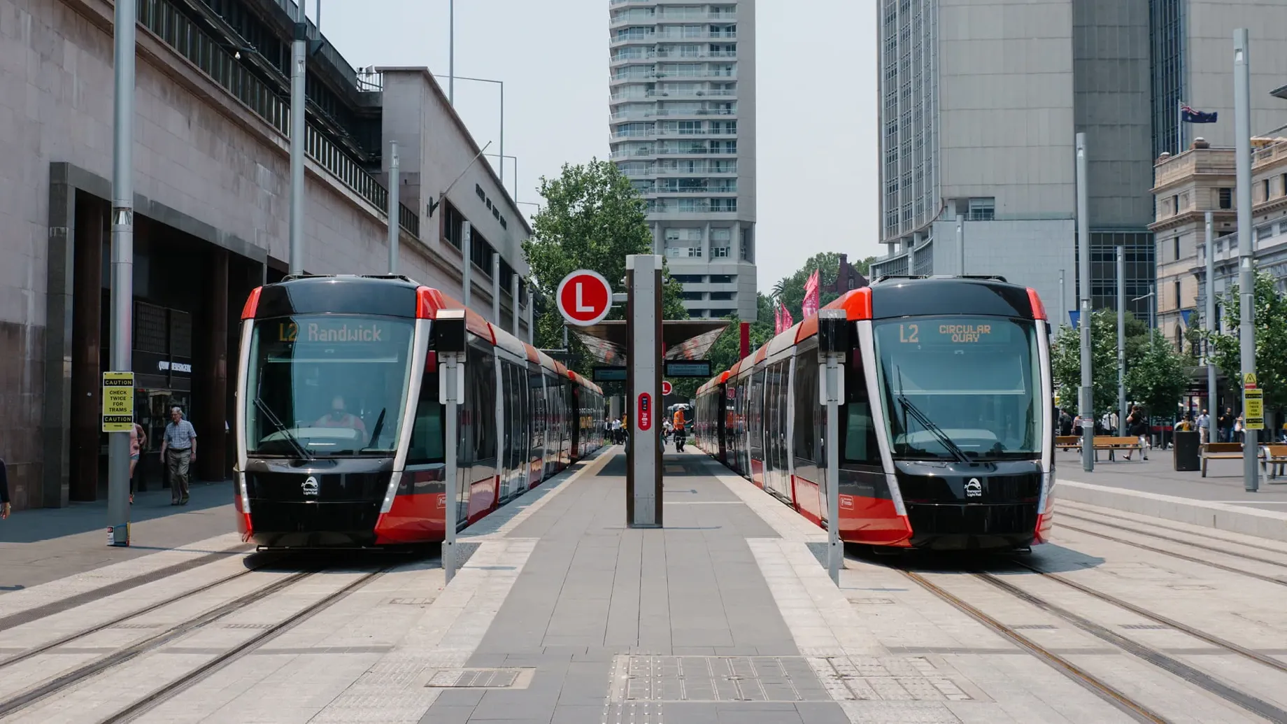 Front view of two light rail trains