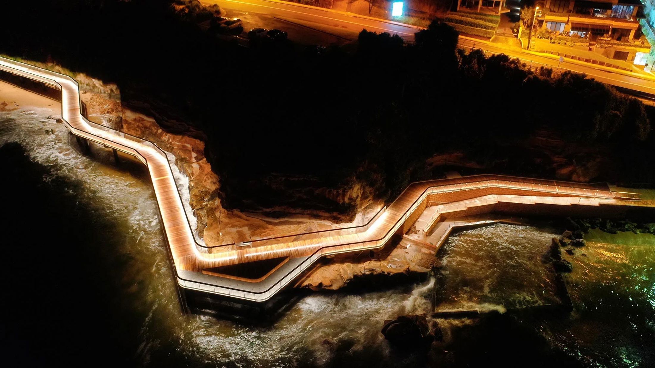 Terrigal Boardwalk lit up at night