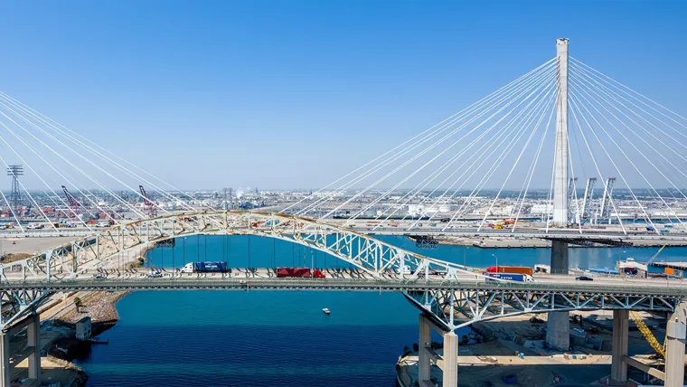 Side view of a cable-stayed bridge over water - Long Beach California