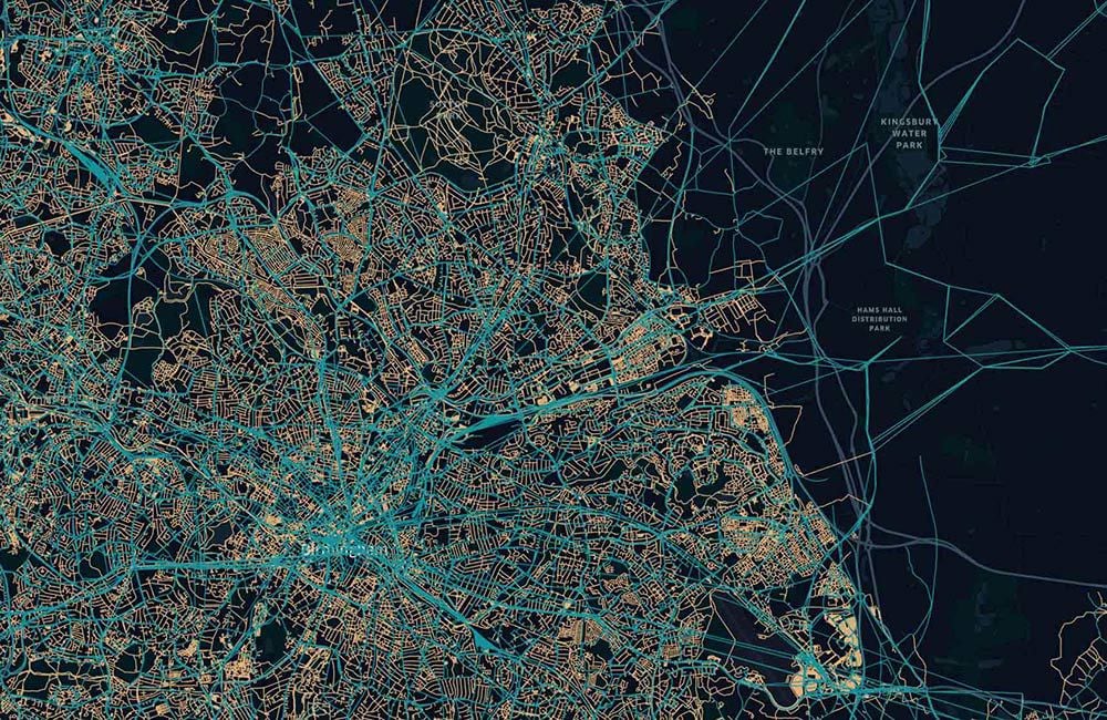 The multimodal transport network in Birmingham representing both major routes and smaller, urban roads.